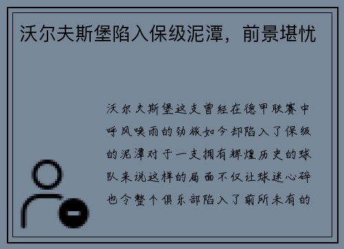 沃尔夫斯堡陷入保级泥潭，前景堪忧